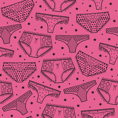 Vector lingerie texture pattern in pink and black. Simple outline panties hand drawn made into repeat. Great for background, wallpaper, wrapping paper, packaging, fashion.