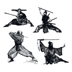 Ninja Soldiers with Weapons Isolated on White Background Vector Sketched Illustrations Set © Анна Якунина