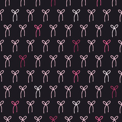 Vector bow pattern in pink and black. Simple bow shape made into geometric repeat. Great for background, wallpaper, wrapping paper, packaging, fashion.