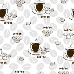 Obraz premium Decorative vector seamless pattern with illustration of cups and coffee beans. Background with beverages dishes art and calligraphy on white background.