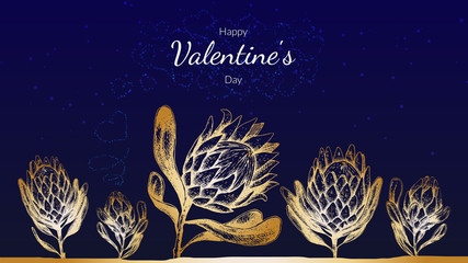 Stock vector illustration Saint valentine's day cards with gold protea king flowers on blue background. Spring  botanical template for web site banner or greeting card love day. - obrazy, fototapety, plakaty