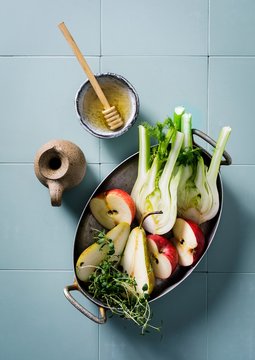 Overhead view of fruits and vegetables in wok