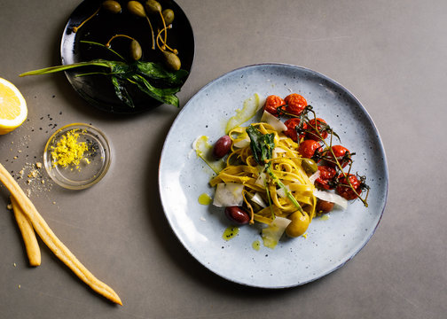 Overhead view of pasta served on plate