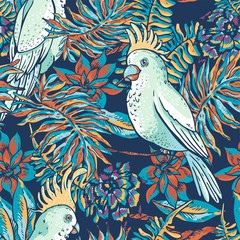 Floral tropical natural seamless pattern. White parrot, greenery texture, tropical flowers