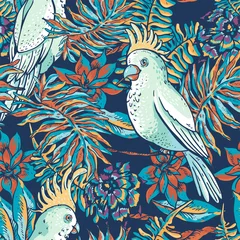 Abwaschbare Fototapete Papagei Tropisches natürliches nahtloses mit Blumenmuster. Weißer Papagei, grüne Textur, tropische Blumen