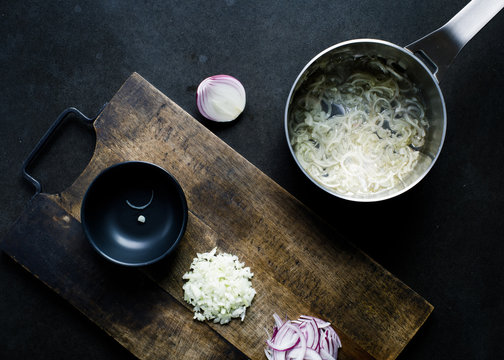 Overhead view of chopped shallots on table