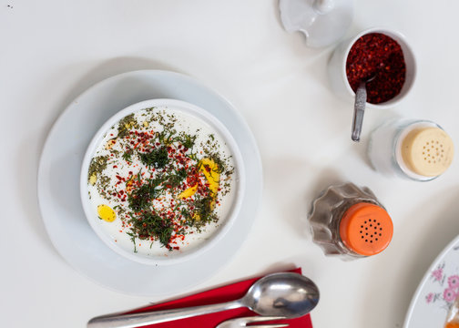 Overhead view of soup served in bowl