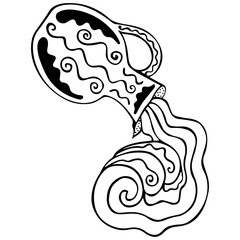 Black and white inverted jug with water pouring out of it. Coloring book antistress symbolizing the zodiac sign Aquarius. Waves flowing from a ceramic vessel. Astrological hand drawing for a tattoo. 