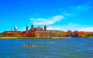 Ellis Island in Upper New York Bay. It was a gateway for immigrants. Manhattan area, New York City,...