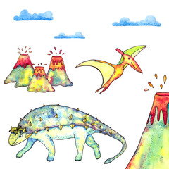 Colorful watercolor dinosaurs and volcanoes collection with clouds, explosions,  pterodactyl on white background. Prehistoric set for children design. © Nadja