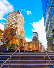 Skyline with Skyscrapers in Financial Center at Lower Manhattan, New York City, America. USA. American architecture building. Panorama of Metropolis NYC. Metropolitan Cityscape