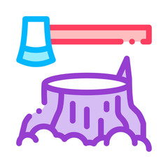 Tree Stub And Ax Hatchet Vector Thin Line Icon. Deforestation Forest Devastation Wood-felling Wood Cutting Environmental Pollution Linear Pictogram. Dirty Soil, Water, Air Contour Illustration