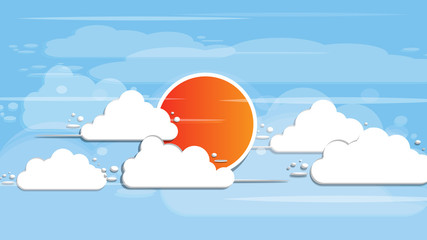 Orange sun on a background of cartoon clouds.