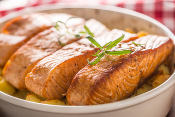 Baked salmon fillets with potatoes and herbs in a baking dish