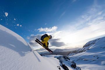 Male Extreme skier flying through the air.