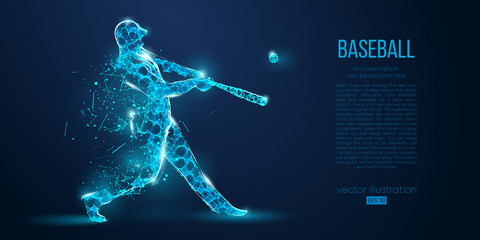 Abstract baseball player from particles, lines and triangles on blue background. All elements on a separate layers, color can be changed to any other. Low poly neon wire outline geometric. Vector