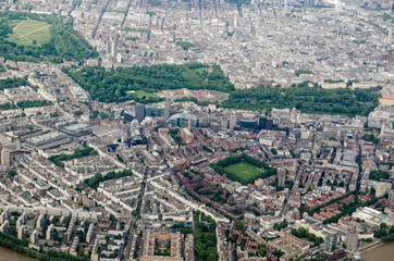 Aerial view across Pimlico, Buckingham Palace and Green Park, London
