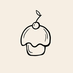Cupcake. Vector linear drawing of a cake in sketch style. Logo in the form of a cake.