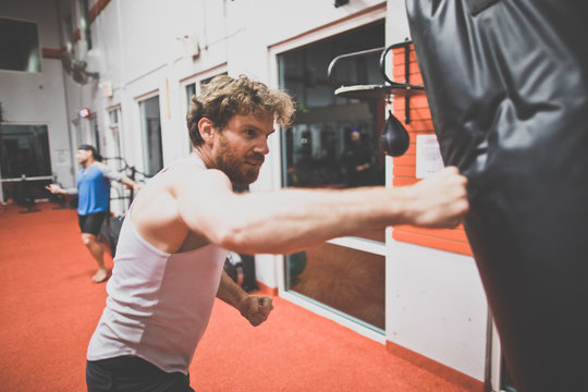 Male boxer using punching bag at the gym