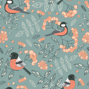 Vector green pastel ash berries and birds texture background seamless pattern print © Renatta_Zare