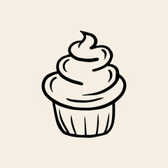 Cream Cupcake. Vector linear drawing of a cake. The symbol of baking.