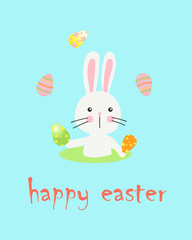 Cute white Easter bunny with eggs