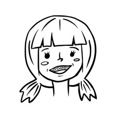 A smiling girl. Vector linear illustration of a girl with braces. Sketch style portrait.