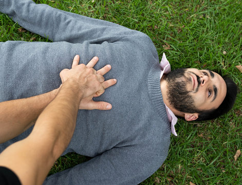 First Aid Emergency CPR rcp on Heart Attack Man , Resuscitation cardio
