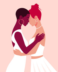 Two women in white dresses hug each other. LGBT wedding. A pair of lesbian lovers. Vector flat illustration