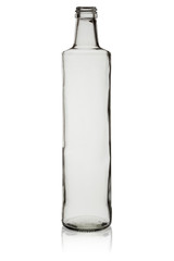 Empty, open bottle of glass, elongated shape. Isolated on white background with reflection