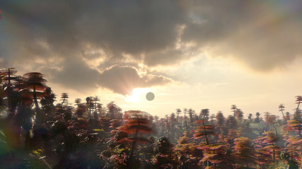 alien planet landscape, solar eclipse over the surface of an exoplanet © dottedyeti
