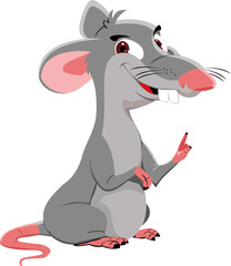 The gray rat points a finger. Vector illustration of the year of the rat for advertising and websites.
