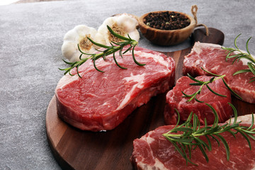 Variety Steak raw. Barbecue Rib Eye Steak, dry Aged Wagyu Entrecote Steak.