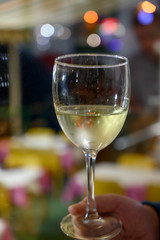 Table served for dinner  with glasses of cold white wine