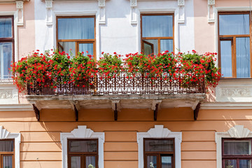 A beautiful flowery balcony of the facade of the building
