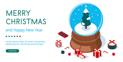Isometric 3D vector illustration landing page snow globe with christmas tree and presents