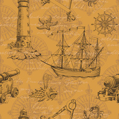 Old caravel, vintage sailboat, sea monster, old lighthouse. Vector seamless pattern. Monochrome hand drawn sketch. Vector seamless pattern for boy.