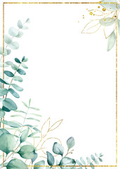 Watercolor hand painted floral frame with eucalyptus leaves and branches. Frame for wedding invitations, save the date or greeting .cards. © Lora