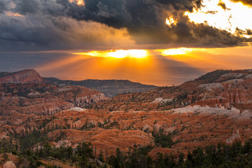 Dramatic sunrise over the amphitheater at the Bryce Canyon, Utah