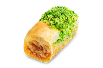 Pistachio nuts baklava, Oriental sweetness on a white isolated background