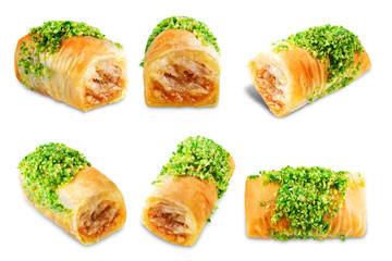 Pistachio nuts baklava, Oriental sweetness on a white isolated background