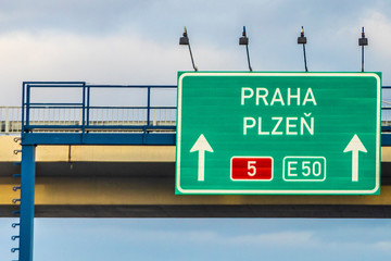 signage Praha (Prague) and Plzen (Pilsen) at europa highway number 50 and Highway No 5