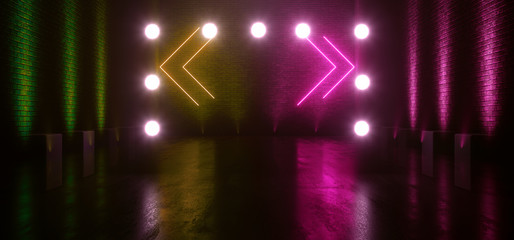 Neon Glowing Purple Green Warehouse Underground Garage Tunnel Corridor Arrow Shaped Lights Pointers Studio Club Dance Concrete Brick Walls Empty 3D Rendering