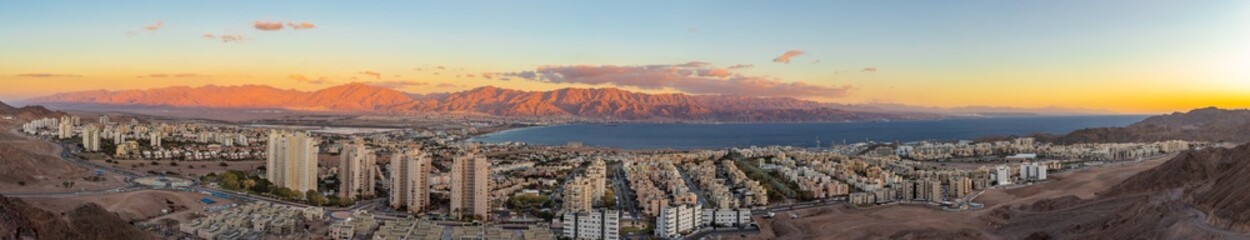 Eilat israel high quallity panorama landscape of mountains ,sea and cityscape of eilat