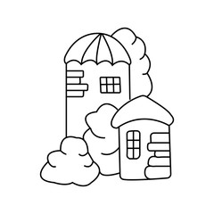 Hand drawn houses and trees coloring pages. Coloring book for children . Black and white background. Vector