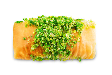 Pistachio nuts baklava, Oriental sweetness on a white isolated background