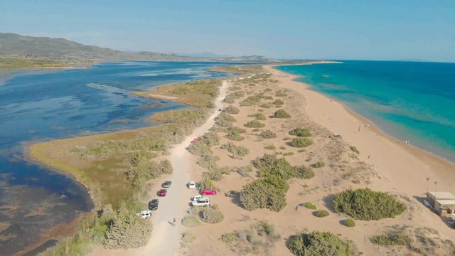 Aerial drone view of Halikounas Beach and Lake Korission, Corfu island, Ionian Sea, Greece