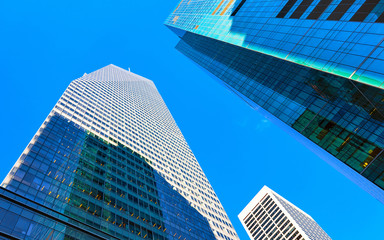 Obraz na płótnie Canvas Skyline with Skyscrapers in Financial Center at Lower Manhattan, New York City, America. USA. American architecture building. Panorama of Metropolis NYC. Metropolitan Cityscape