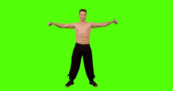 Shirtless Muscular Man Exercises with Small Barbells Over Green Screen, Long Shot.