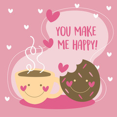 valentines day card with coffee and cookie kawaii